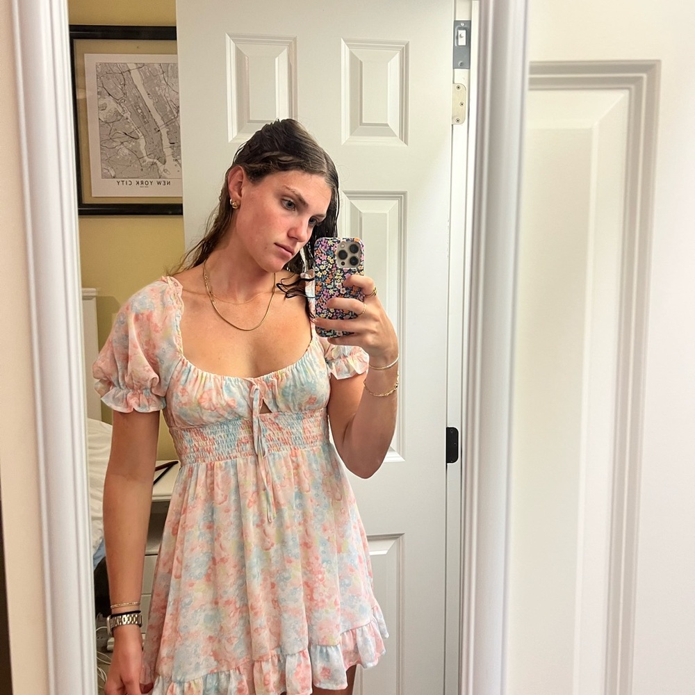 Pastel Floral Mini Dress with Puff Sleeves